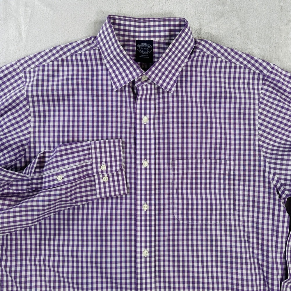 Brooks Brothers Mens 16.5 34/35 Purple Gingham Check Non-Iron Dress Shirt Cotton